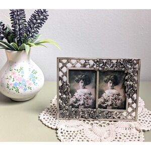 Vintage Elby Double Mini Photo Frame Silver Rose Lattice Made Taiwan